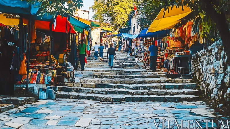 AI ART Bustling Market Street Ascending Stone Stairs