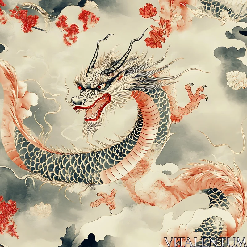 AI ART Mythical Dragon and Floral Art