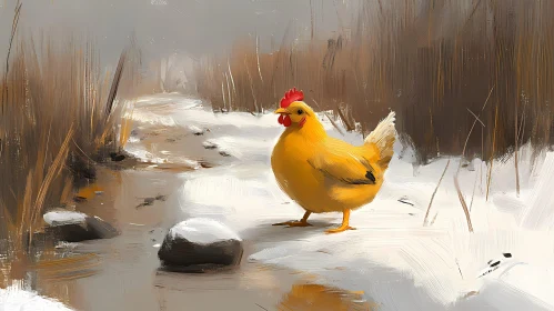 Yellow Chicken Painting in Snowy Field