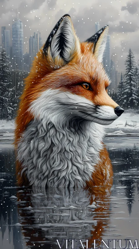 Winter Fox and Cityscape Reflection AI Image