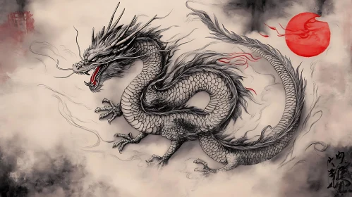 Eastern Dragon with Red Sun Art