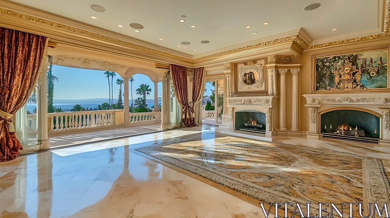 Elegant Living Room with Ornate Details and Ocean View AI Image