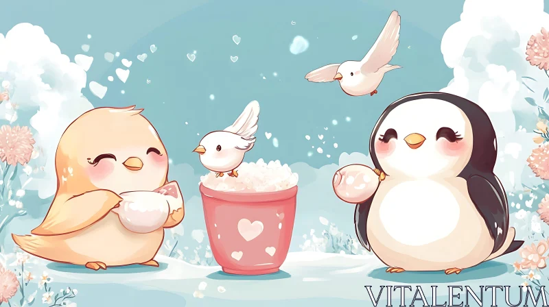 Delightful Cartoon Birds and Penguin Art AI Image