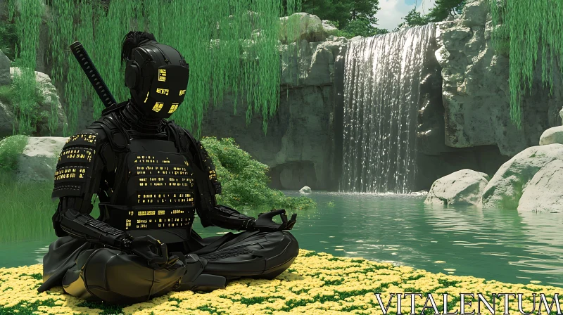 AI ART Cybernetic Warrior in Tranquil Contemplation