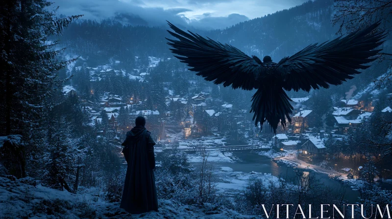 Winter Village Raven Guardian AI Image