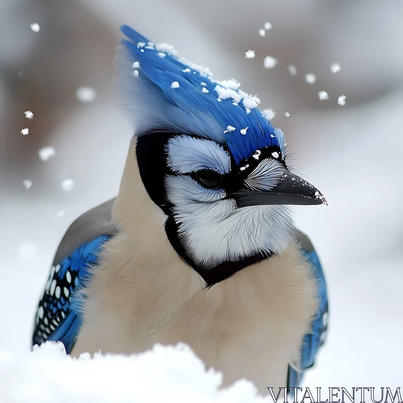 Snowy Blue Jay Close-Up AI Image