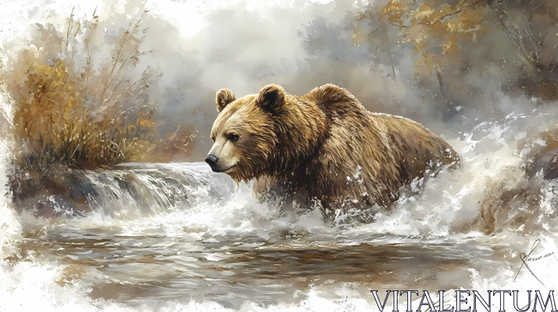 Wild Bear in Autumn Waterscape AI Image