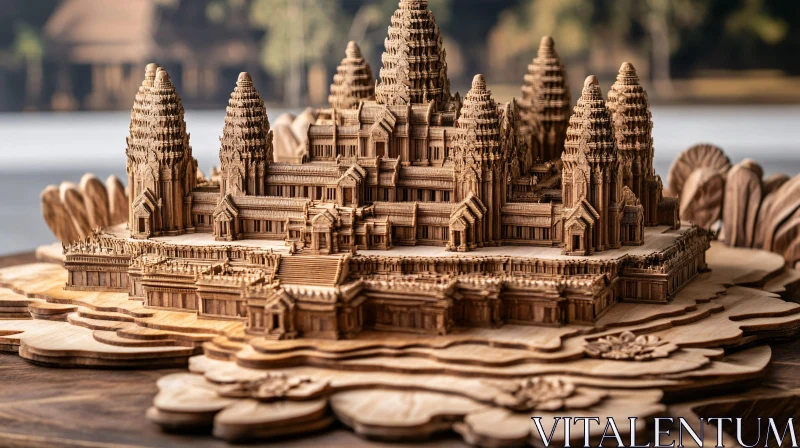 Intricate Wood Carving of Angkor Wat AI Image