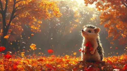 Autumnal Hedgehog with Red Leaves