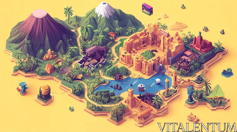 AI ART Cartoon Island with Buildings and Tropical Elements