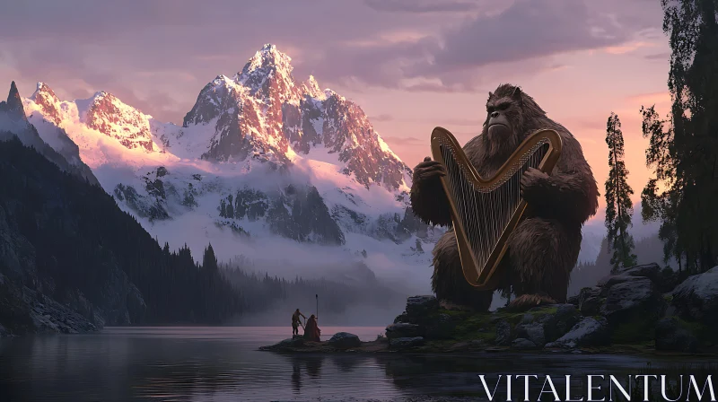 Bigfoot's Golden Harp by the Lake AI Image