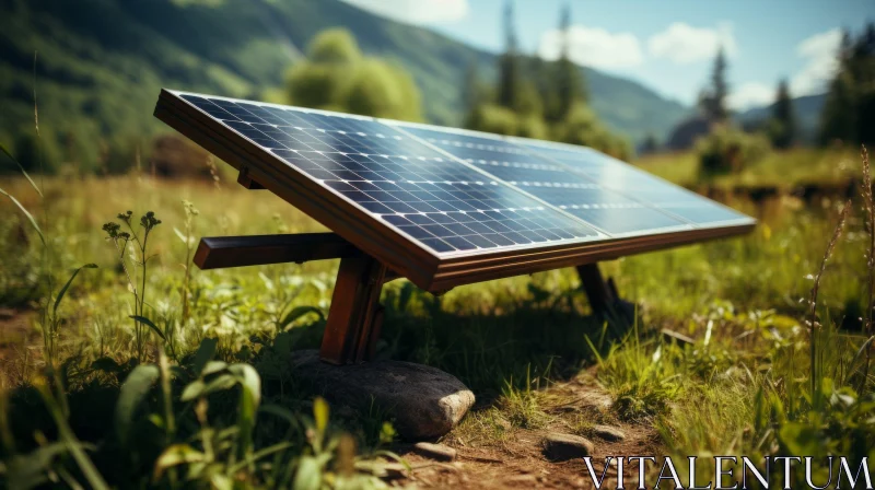 Captivating Solar Panel on Wooden Table in Nature-inspired Setting AI Image