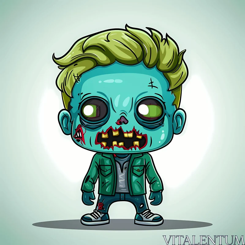 Cartoon Illustration of Green Zombie Boy with Tattoo AI Image