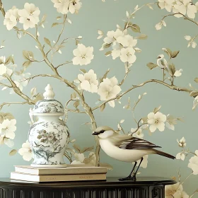 Vintage Floral Still Life with Bird Figurine