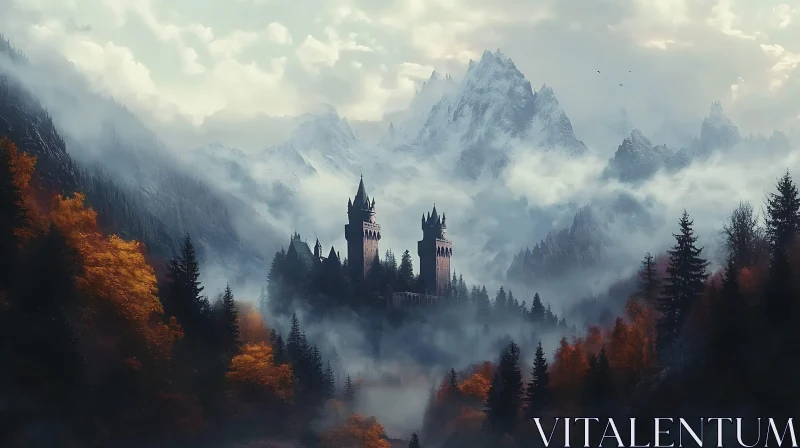 Castle in the Foggy Mountains AI Image