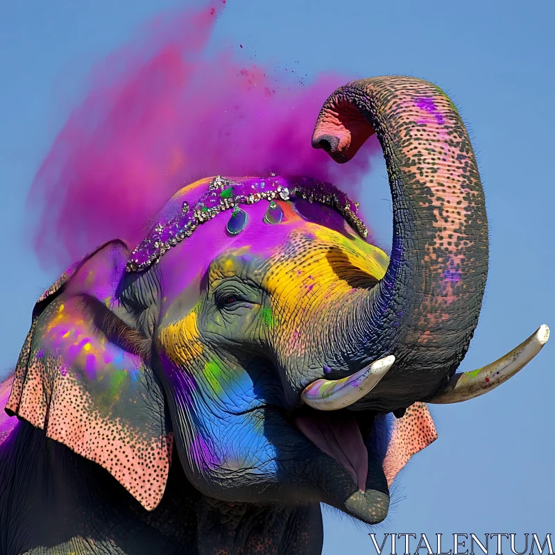 Colorful Elephant with Raised Trunk AI Image