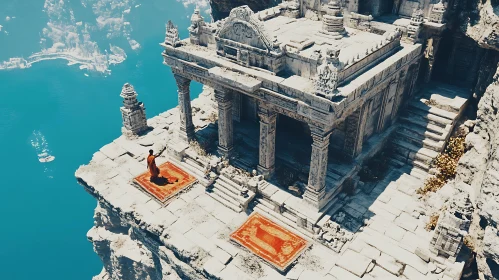 Cliffside Temple with Meditating Monk