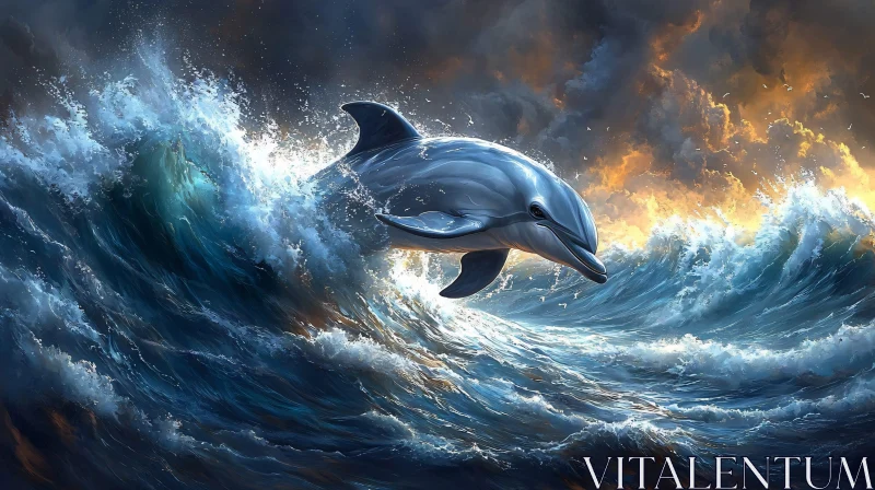 Oceanic Dolphin and Vibrant Sky AI Image