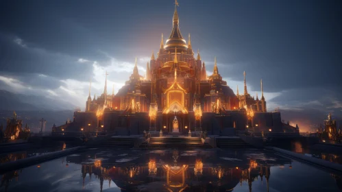 Golden Castle in Rainy Night: A Kushan-Themed 3D Artwork