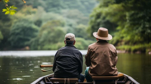 Serene Nature Scene: Two Men on a Boat in a Calm River