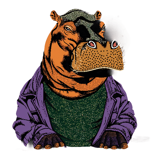 Stylized Hippopotamus T-Shirt Design with Hand-Drawn Art