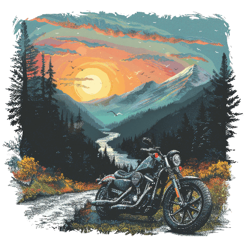 Vintage Motorcycle at Sunset on Mountain Road POD Design