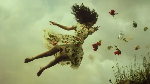 Floating Woman Surrounded by Flowers