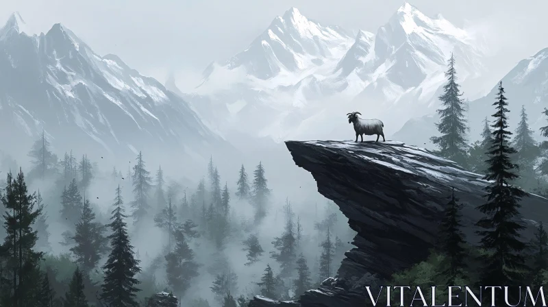 Goat Overlooking Misty Mountains AI Image