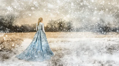 Woman in Gown in Winter Landscape