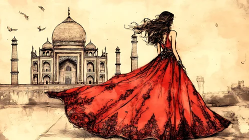 Woman in Red Dress at Taj Mahal