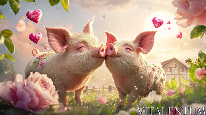 AI ART Loving Piglets with Hearts and Flowers