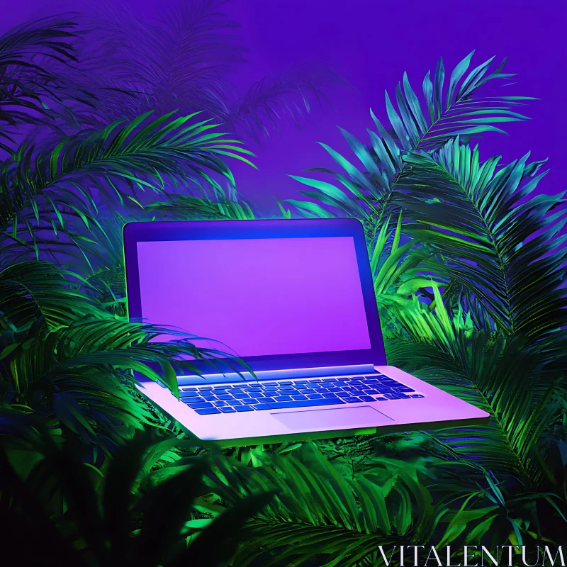 AI ART Tech Meets Nature: Laptop Surrounded by Green Leaves