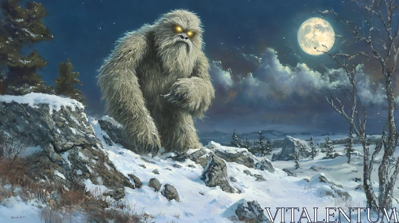 AI ART Snowy Mountain Yeti Under Full Moon