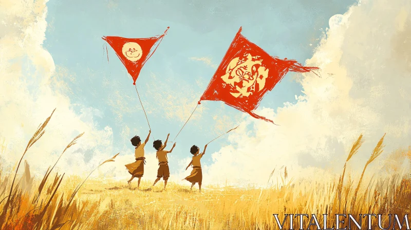 Kids with Kites Artwork AI Image