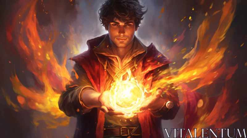 Magical Fireball in the Hands of Wizard AI Image