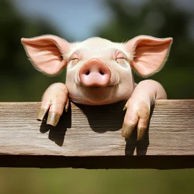 Cheerful Piglet Over Fence