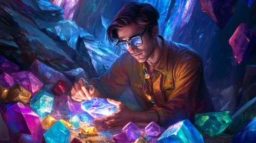 Man Examining Crystal in Gem Cave