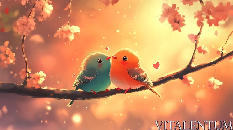 AI ART Birds in Love on Blossoming Branch