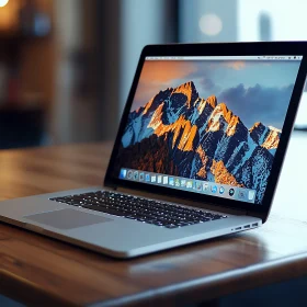 Sleek Laptop with Mountain Screen on Wooden Table