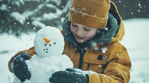 Boy Building Snowman in Winter