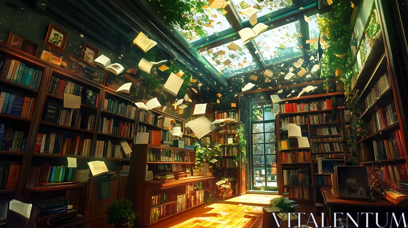 AI ART Sunlit Library with Flying Pages