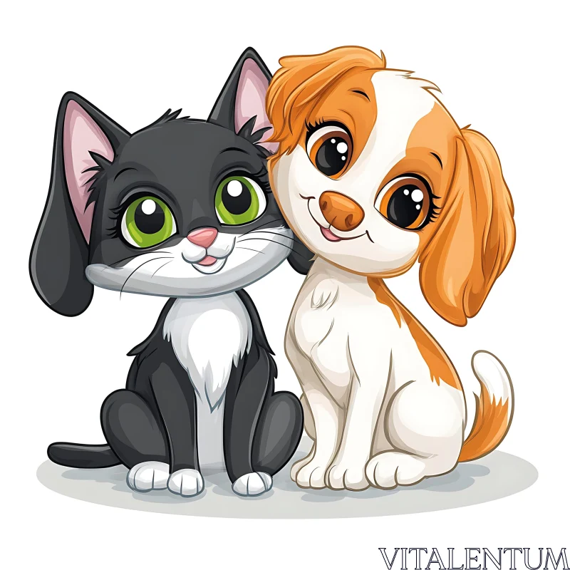 Cute Cartoon Illustration of Cat and Dog AI Image