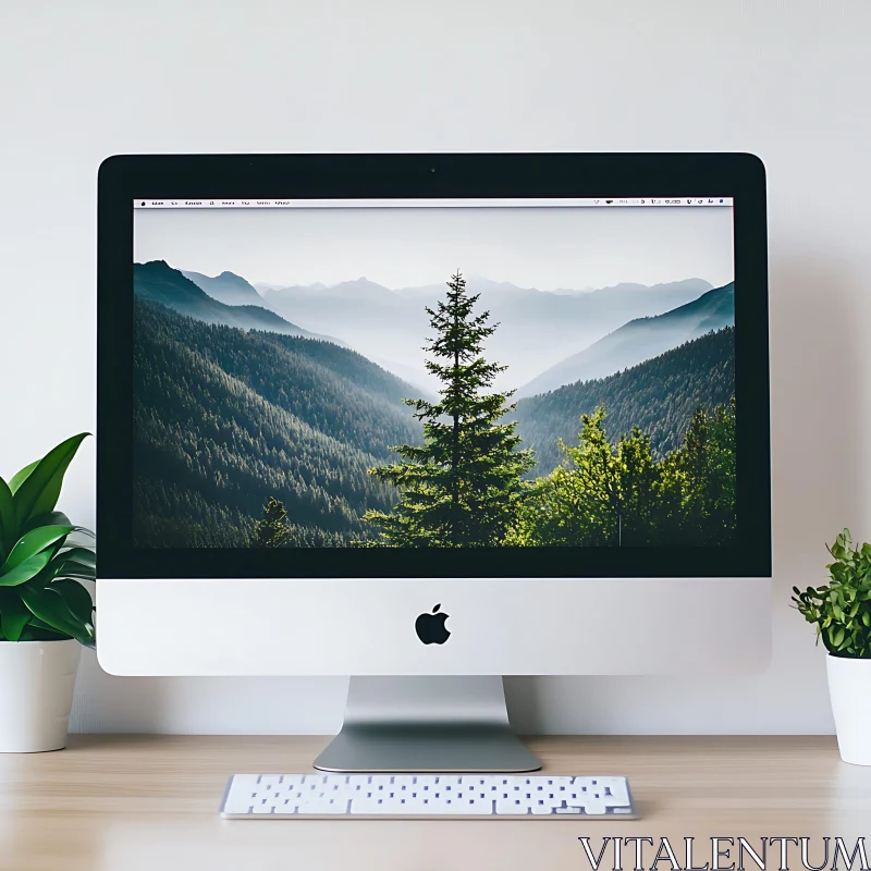 Serene Forest on Computer Screen with Desk and Plants AI Image