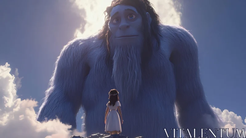 Yeti and Girl in a Sky Scene AI Image