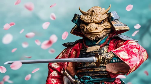 Armored Samurai with Sword in Cherry Blossom Storm