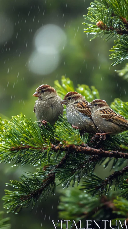 Rainy Day Sparrows on Pine Branch AI Image