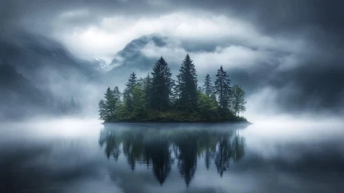 Enchanted Island in a Misty Lake