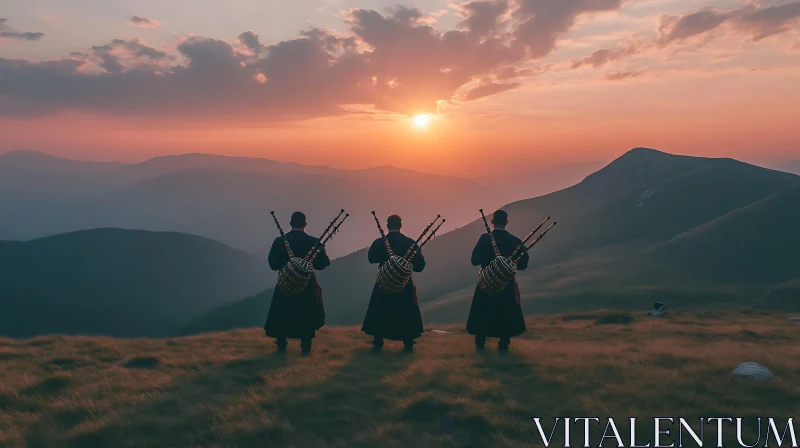 AI ART Mountain Sunset with Bagpipe Players