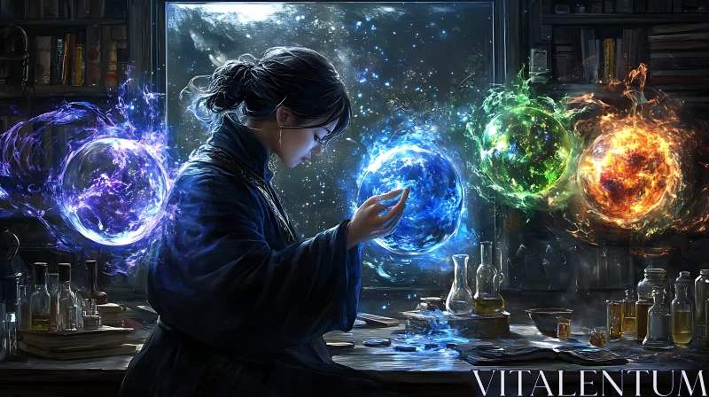 AI ART Enchantress Contemplates Magical Spheres