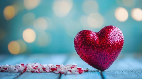 Glittering Heart on Blue Wood Surface